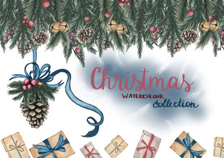 Christmas mood. Hand drawn water color illustration. Greeting card. Pine cone with a ribbon, gift boxes and decorated pine branches on the top.の写真素材