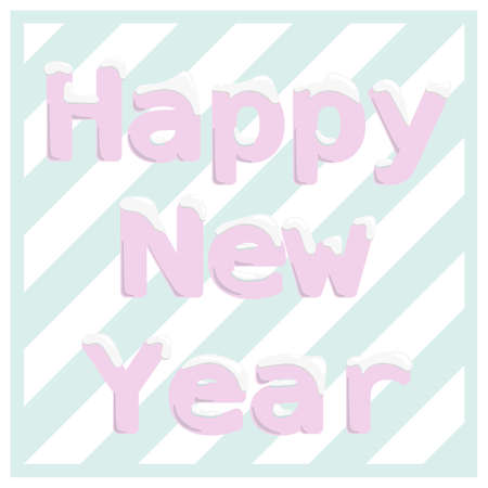 Vector graphics color illustration. Happy New Year banner. Pink letters with snowbank and  striped turquoise and white backgroundのイラスト素材