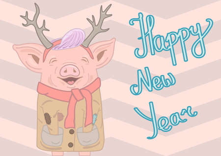 vector color illustration. simbol of New Year 2019 cute baby pig. Smiling piggie with elk's horns, purple hairstyle, wearing beige coat and red scarf with letters Happy New Year besideのイラスト素材