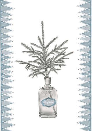 Christmas mood. Pencil hand drawn black and white illustration of a spruce branch in the old fashioned parfume bottle. decorative frame on the left and right sidesの写真素材