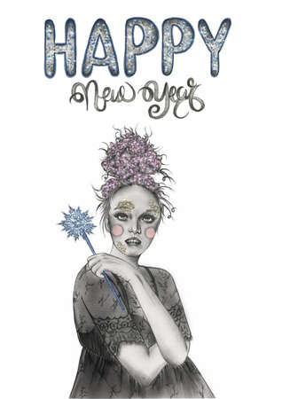 black and white Pencil hand drawn fashion illustration of a woman wearing chiffon dress with folded hands holding a magic wand with a big snowflake on the end. wowrds on the topの写真素材