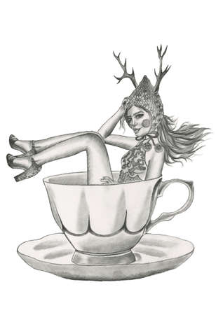 black and white Pencil hand drawn fashion illustration of a woman with long hair wearing lacy underwear, hat with elk's horns and high heels sitting in the cup on the flat white backgroundの写真素材