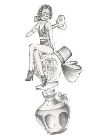 Pencil hand drawn black and white fashion illustration of a doll girl with curly hair dressed in beautiful underwear and sitting on the old fashioned perfume bottlesの写真素材