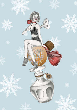 Pencil hand drawn fashion illustration of a doll girl with curly hair dressed in beautiful underwear and sitting on the old fashioned perfume bottles. Snowflakes on the flat blue backgroundの写真素材