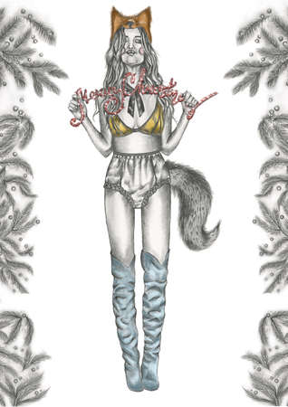 black and white Pencil hand drawn fashion illustration of a woman standing up tall with emotion of kissing. dressed in lingerie with fox tail, high boots, and fox maskの写真素材