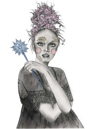 black and white Pencil hand drawn fashion illustration of a woman wearing chiffon dress with folded hands holding a magic wand with a big snowflake on the end on the white flat backgroundの写真素材