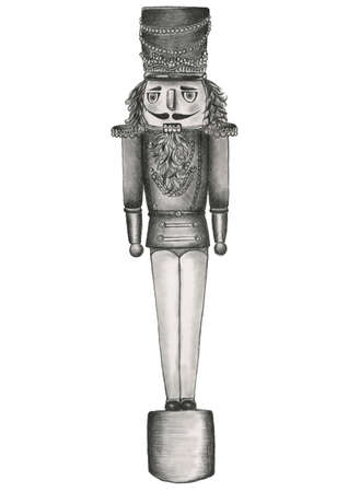 Christmas mood. Hand drawn pencil black and white illustration of nutcracker standing up straightの写真素材