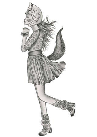 Hand drawn pencil black and white fashion illustration of woman standing on one foot in the kissing pose wearing fox costumeの写真素材