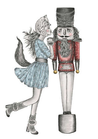 Christmas mood. Hand drawn pencil colored illustration of a woman wearing fox costume kissing nutcrackerの写真素材