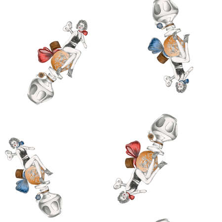 Pencil hand drawn seamless pattern. Partly colored black and white doll girl sitting on two perfume vialsの写真素材