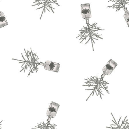 Christmas mood. Pencil hand drawn seamless pattern. Black and white spruce branches in the perfume vials.の写真素材