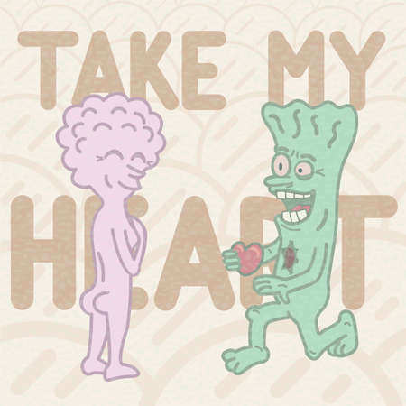 Valentines day gift card. Vector graphics color illustration. A green monster is presenting his heart to his purple monster crush. Text on the beige backgrondのイラスト素材