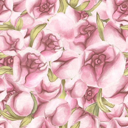 Seamless pattern. Valentines Day. Delicate Love. Hand drawn water color Peony Flowers with leaves.の写真素材