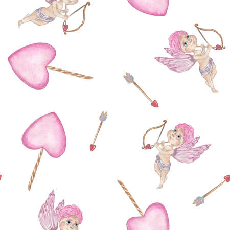 Seamless pattern. Valentines Day. Delicate Love. Hand drawn water color illustrations of hearts and cupids with a bow and arrows on the flat white backgroundの写真素材