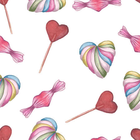 Seamless pattern. Valentines Day. Delicate Love. Hand drawn water color heart shape candies and lollipops on the fllat white backgroundの写真素材