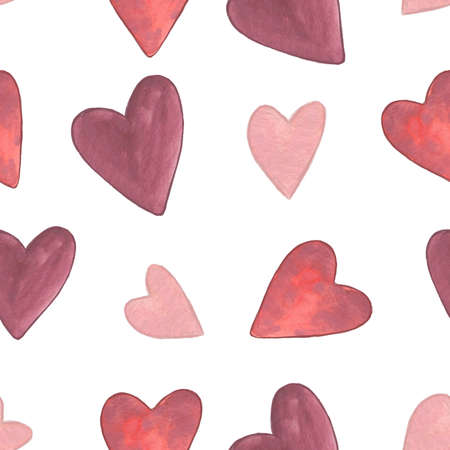 Seamless pattern. Valentines Day. Delicate Love. Hand drawn water color hearts on the flat white backgroundの写真素材
