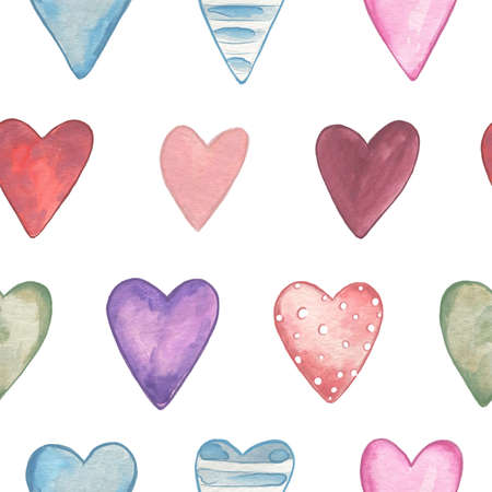 Seamless pattern. Valentines Day. Delicate Love. Hand drawn water color hearts on the flat white backgroundの写真素材