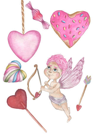 Valentines Day. Delicate Love. Hand drawn water color set of valentines day objects on the flat white background. Cupid with a bow, arrow, lollipop, candies and a donut.の写真素材