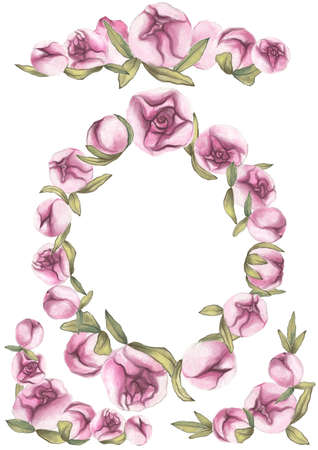 Valentines Day. Delicate Love. Hand drawn water color pink peony frames on the flat white backgroundの写真素材