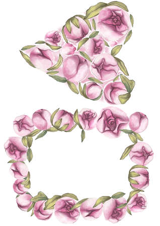 Valentines Day. Delicate Love. Hand drawn water color pink peony frames on the flat white backgroundの写真素材