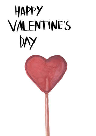 Valentines Day. Greeting card. Delicate Love. Hand drawn water color heart shape lollipop on the flat white background with the textv aboveの写真素材