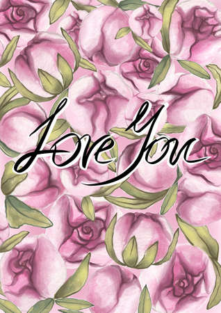 Valentines Day. Greeting card. Delicate Love. Hand drawn water color pink peony flowers and the textの写真素材