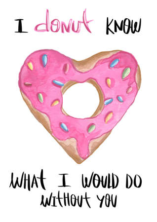 Valentines Day. Greeting card. Delicate Love. Hand drawn water color heart shape donut and text on the flat white backgroundの写真素材