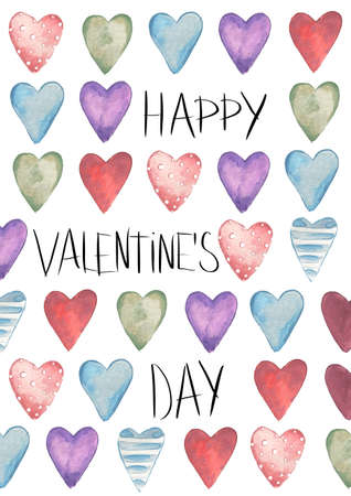 Valentines Day. Greeting card. Delicate Love. Hand drawn water color hearts and text on the flat white backgroundの写真素材
