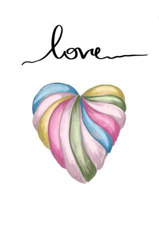 Valentines Day. Greeting card. Delicate Love. Hand drawn water color heart shape caramel candy and text on the flat white backgroundの写真素材