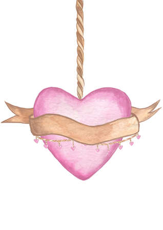 Valentines Day. Delicate Love. Hand drawn water color hung pink heart with a copy space on the ribbon on the flat white backgroundの写真素材