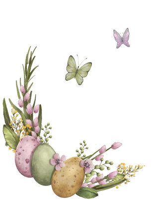 Easter eggs composition set of objects watercolor illustrationの写真素材