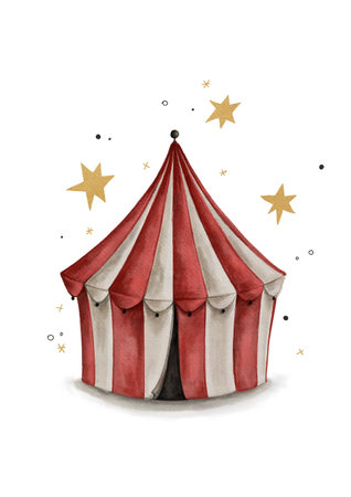 carnival circus red and white shelter watercolor illustrationの写真素材