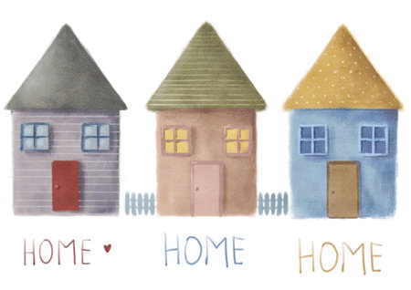 three colorful houses watercolor illustrationの写真素材