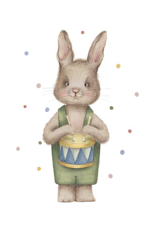 Bunny rabbit in overalls watercolor illustration with a gold blue drum on the white backgroundの写真素材