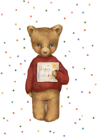 Teddy Bear birthday gift card watercolor illustrationの写真素材