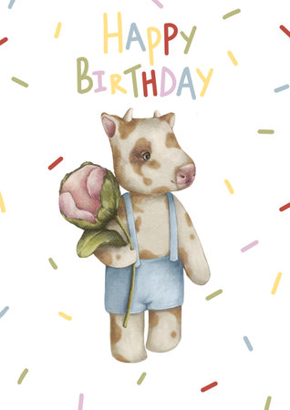 baby bull birthday gift card watercolor illustration with colored stripesの写真素材