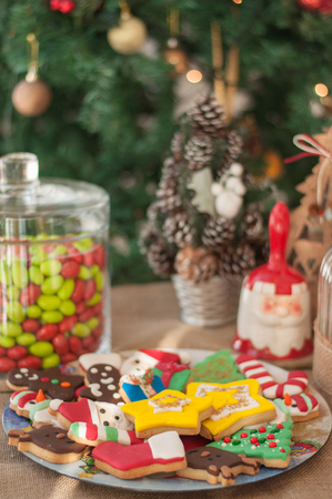 christmas style decorated colorful cookiesの写真素材