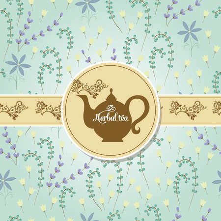 Postcard with tea on the pattern of the herbs and flowersのイラスト素材