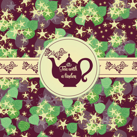 Postcard with tea on the pattern of the leaves of lindenのイラスト素材