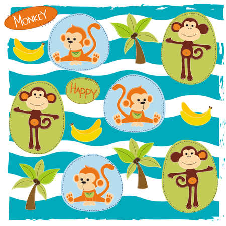 Happy monkey with bananas, made in style of patchworkのイラスト素材