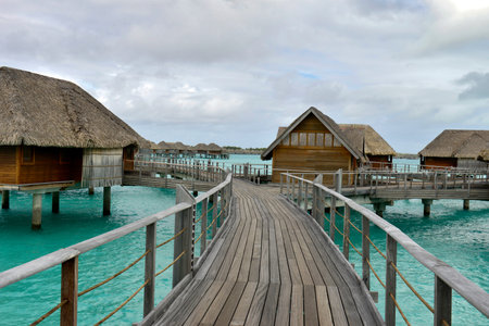 Bora Bora. View over beautiful turquoise lagoon to volcanic Mount Otemanu, Bora Bora Island, Society...
