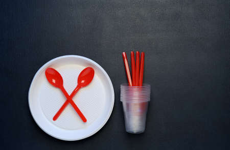 Disposable tableware plates, spoons, cups . Plastic contaminates the earth and water. Concept of  environmental pollution. Top view.の写真素材
