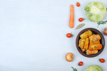 Traditional stuffed cabbage  served in a tomato sauce.Dish consisting of cooked cabbage leaves wrapped around a variety of filling.の写真素材