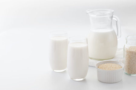 Organic white milk from sesame seeds in the two glasses and in pitcher on the white background.Image in high key,selective focus.Calcium food.Horizontal with copy space.の写真素材