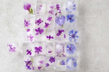 Edible summer flowers frozen in ice cubes on the gray background. Floral ice background. Flat lay, horizontal.の写真素材