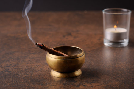 Aromatic stick of palo santo  on dark background. Holy sacred tree stick, burning with aroma...