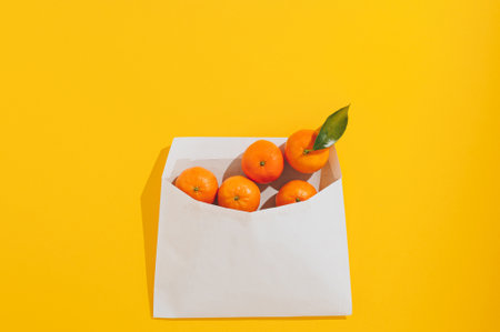 Creative layout made with fresh orange tangerines in a paper envelope over yellow background. Zero waste concept. Abstract summer or winter background.の写真素材