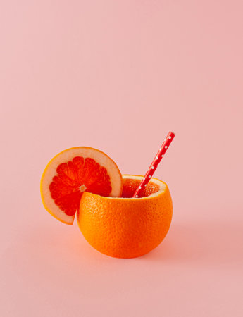 Fresh orange in the form of a container for juice.  The concept of freshly squeezed citrus juices. Serving of raw, fresh orange cocktail.の写真素材