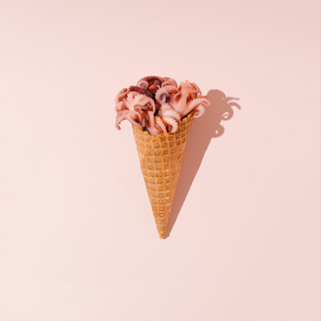 Creative layout made with fresh pink octopuses and ice cream cones over soft pastel pink background. Seafood summer minimal concept.の写真素材