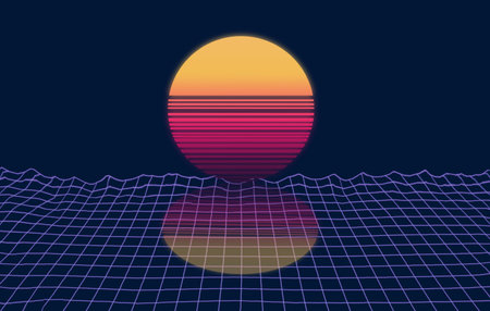 Creative retro minimal abstract landscape background with blue grid and sun in the 80s-90s neon aesthetic synth-wave style.の写真素材